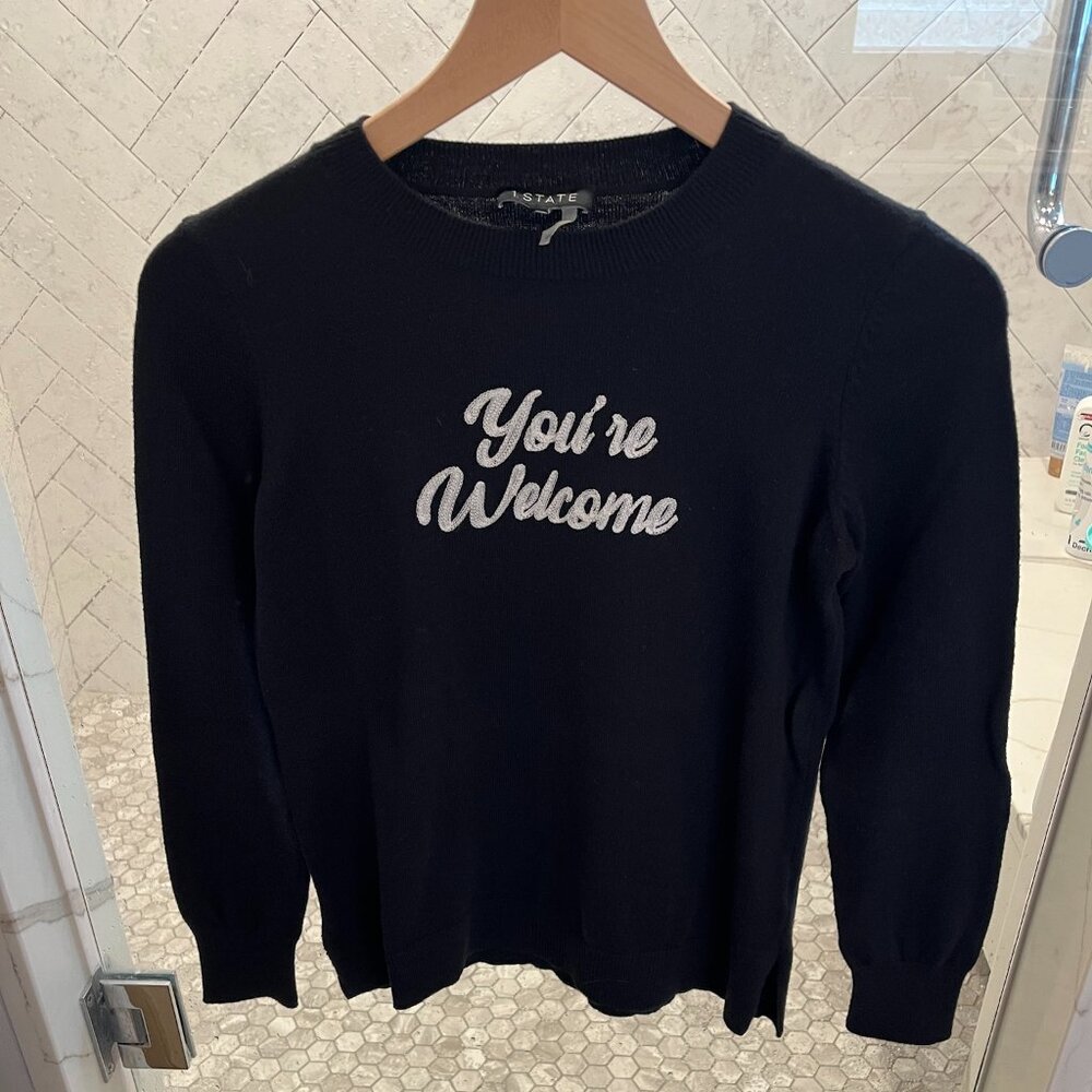 1 State black sweater w embroidery message